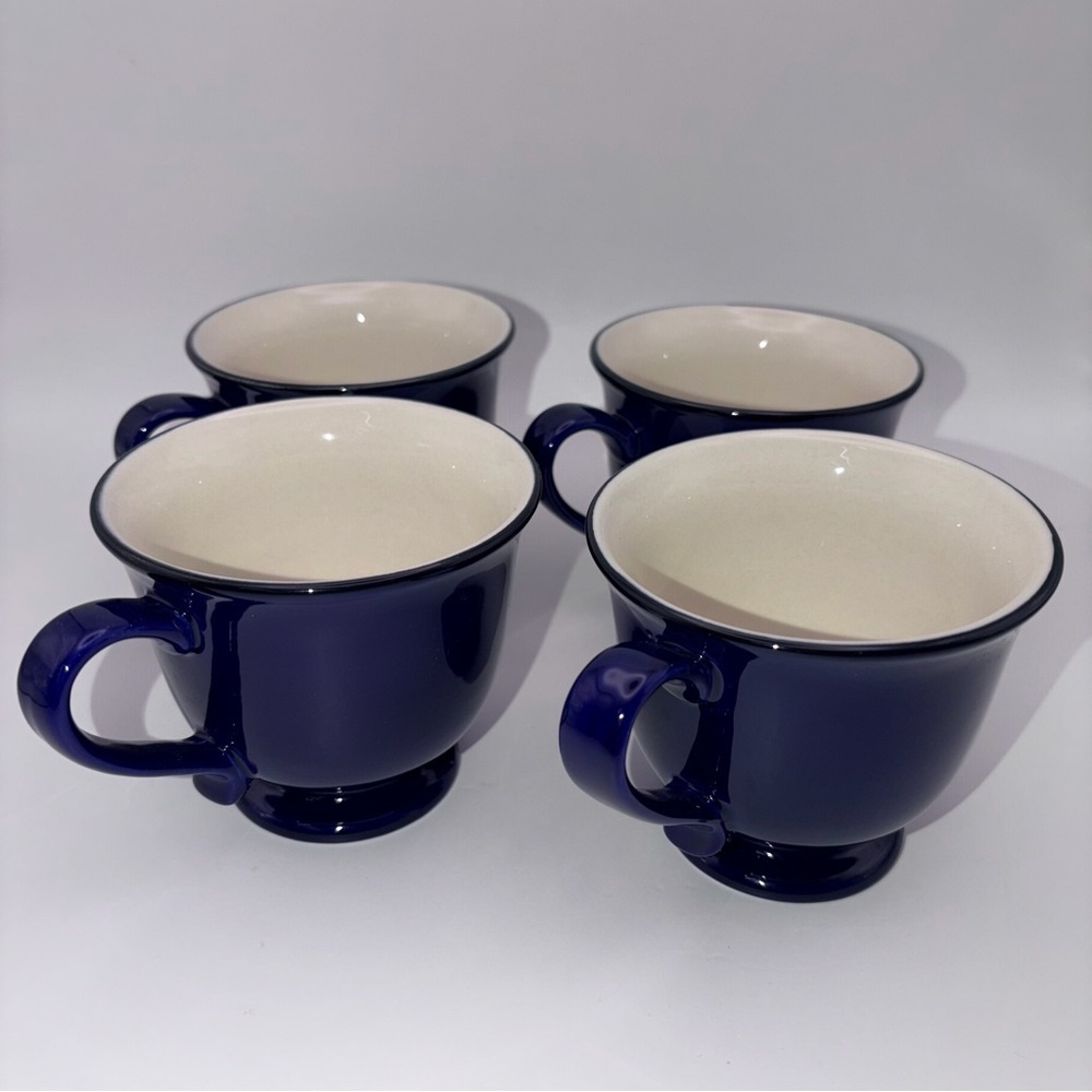 Vintage Cobalt Blue Stoneware Tea Cups Set w Sugar Bowl & Creamer - Picture 4 of 16